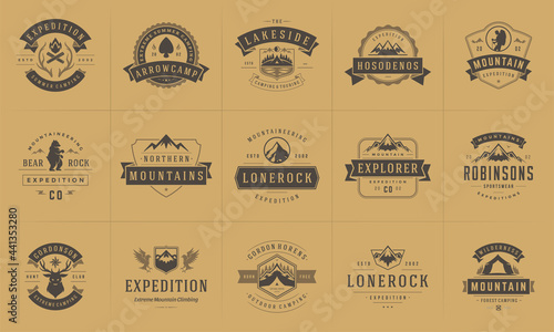 Camping logos and badges templates vector design elements and silhouettes set