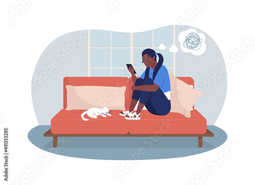 Upset teenage girl at home 2D vector isolated illustration. Depressing thoughts. Sad teen looking at smartphone screen flat characters on cartoon background. Teenager problem colourful scene
