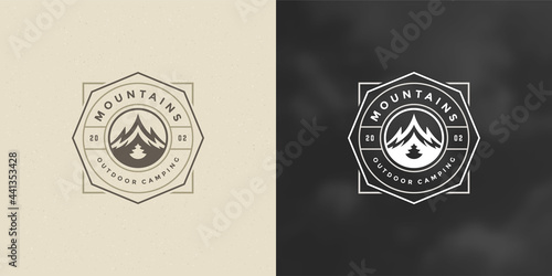Mountain camping logo emblem outdoor landscape vector illustration rock hills silhouette for shirt or print stamp