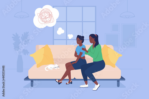 Parent support sad teenage girl 2D vector isolated illustration. Depressed child with mother sit on couch. Family at home flat characters on cartoon background. Teenager problem colourful scene