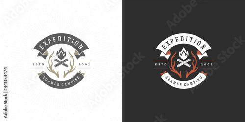 Campfire logo emblem vector illustration outdoor forest camping bonfire silhouette