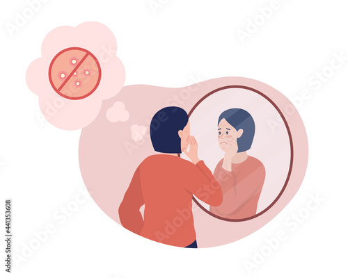 Teenage girl sad over pimple 2D vector isolated illustration. Skin with acne. Stressed child in front of mirror flat character on cartoon background. Teenager problem colourful scene