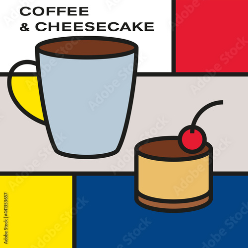 Chocolate cheesecake with cherry and coffee cup. Modern style art with rectangular color blocks. Piet Mondrian style pattern.