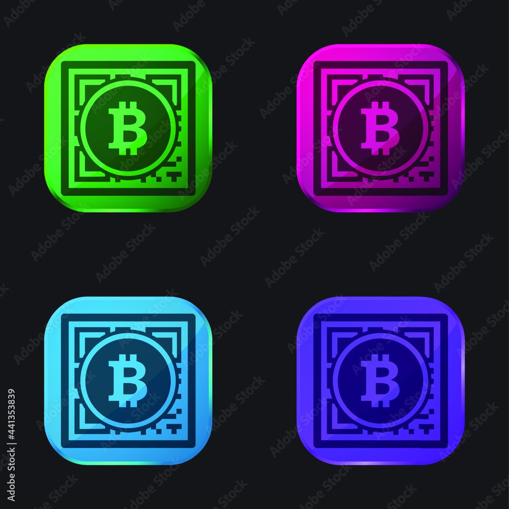 Bitcoin With Qr Code Interface Commercial Symbol Of Money four color glass button icon
