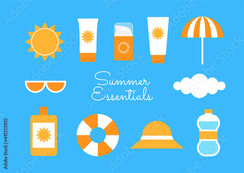 Summer beach travel essential stuff bright colorful postcard. Safe sunbathing summer vacation icon set isolated on blue background. Happy travel, happy journey! Simple style flat vector illustration.