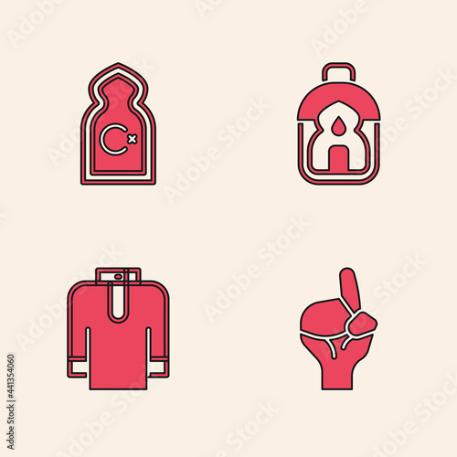 Set Hands in praying position, Muslim Mosque, Ramadan Kareem lantern and Shirt kurta icon. Vector