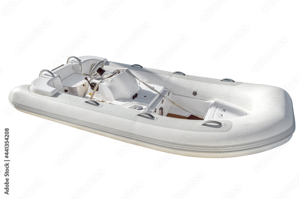 White rubber inflatable motor boat for tourism, travel and fishing, isolated on white background, side and top view White rubber inflatable motor boat for tourism, travel and fishing, isolated on white background, side and top view