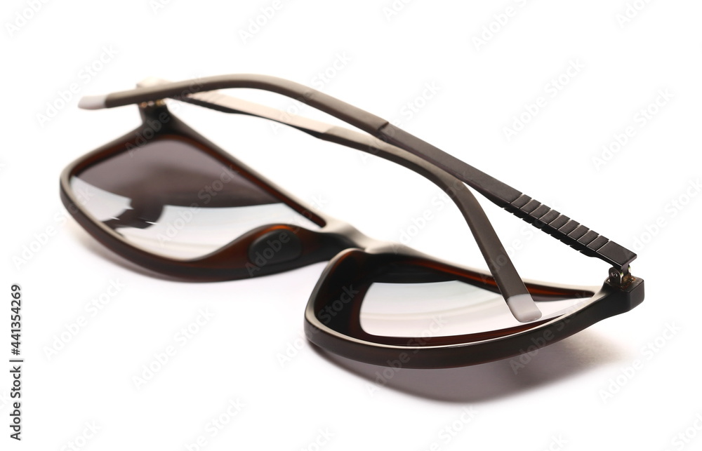 Modern stylish black sunglasses with polarized lenses isolated on white background Modern stylish black sunglasses with polarized lenses isolated on white background