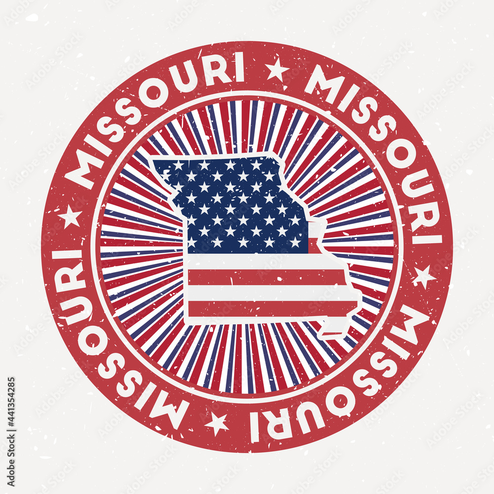 Missouri round stamp. Logo of US state with flag. Vintage badge with circular text and stars, vector illustration. Missouri round stamp. Logo of US state with flag. Vintage badge with circular text and stars, vector illustration.