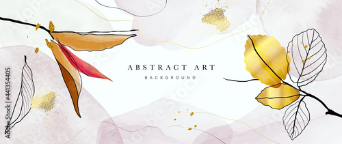 Abstract art background vector. Luxury minimal style wallpaper with golden line art flower and botanical leaves  Organic shapes  Watercolor. Vector background for banner  poster  Web and packaging.