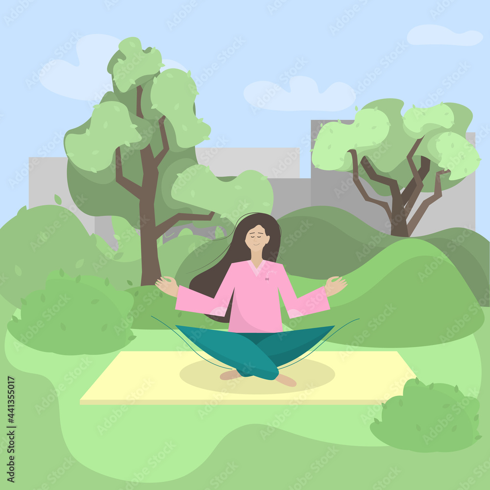 Girl practices yoga in the park on gym mat. Woman in lotus position in city park. Doing what you love in nature. Abstract young girl in flat illustration. Girl practices yoga in the park on gym mat. Woman in lotus position in city park. Doing what you love in nature. Abstract young girl in flat illustration.