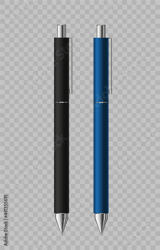 Ballpoint pens mockup. Vector 3d realistic. Black and blue. Two classic metal pens isolated on transparent. Ready for your design and branding. Blank template. EPS10. 