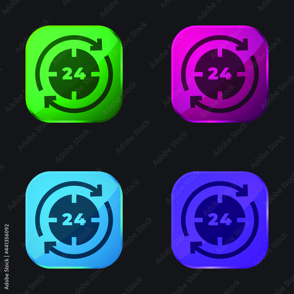 24 Hours four color glass button icon 24 Hours four color glass button icon