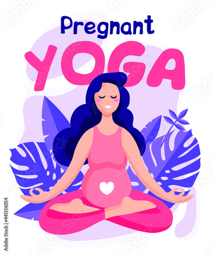 Young beautiful pregnant woman sitting in lotus with tropical monstera leaves on the background. Pregnant Yoga. Vector illustration