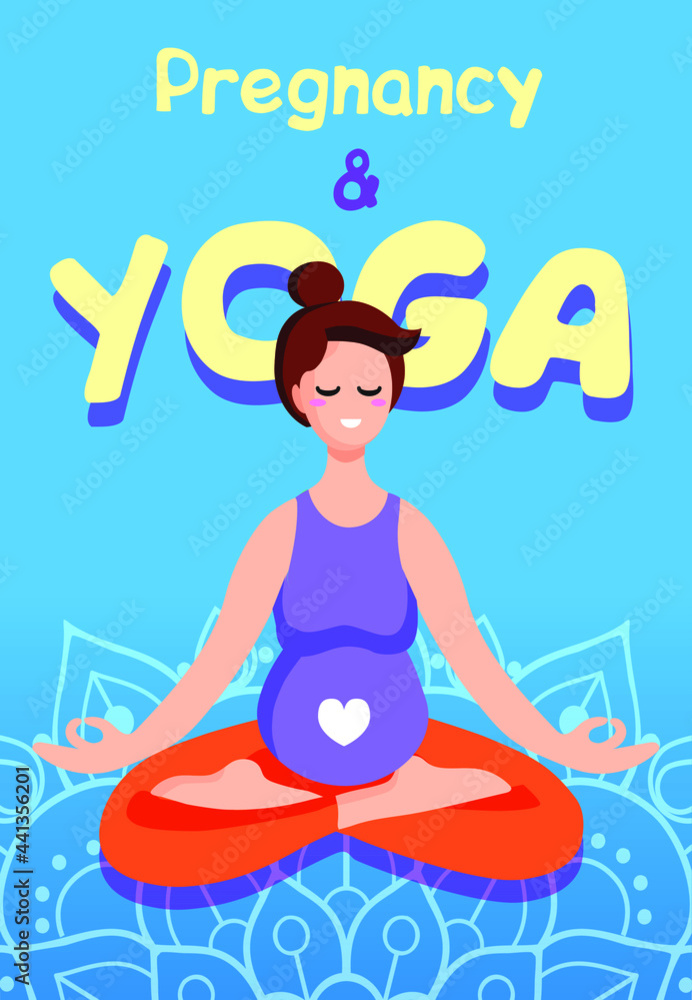 Young beautiful pregnant woman sitting in lotus pose with beautiful mandala on blue background. Pregnant Yoga. Vector illustration banner or poster Young beautiful pregnant woman sitting in lotus pose with beautiful mandala on blue background. Pregnant Yoga. Vector illustration banner or poster