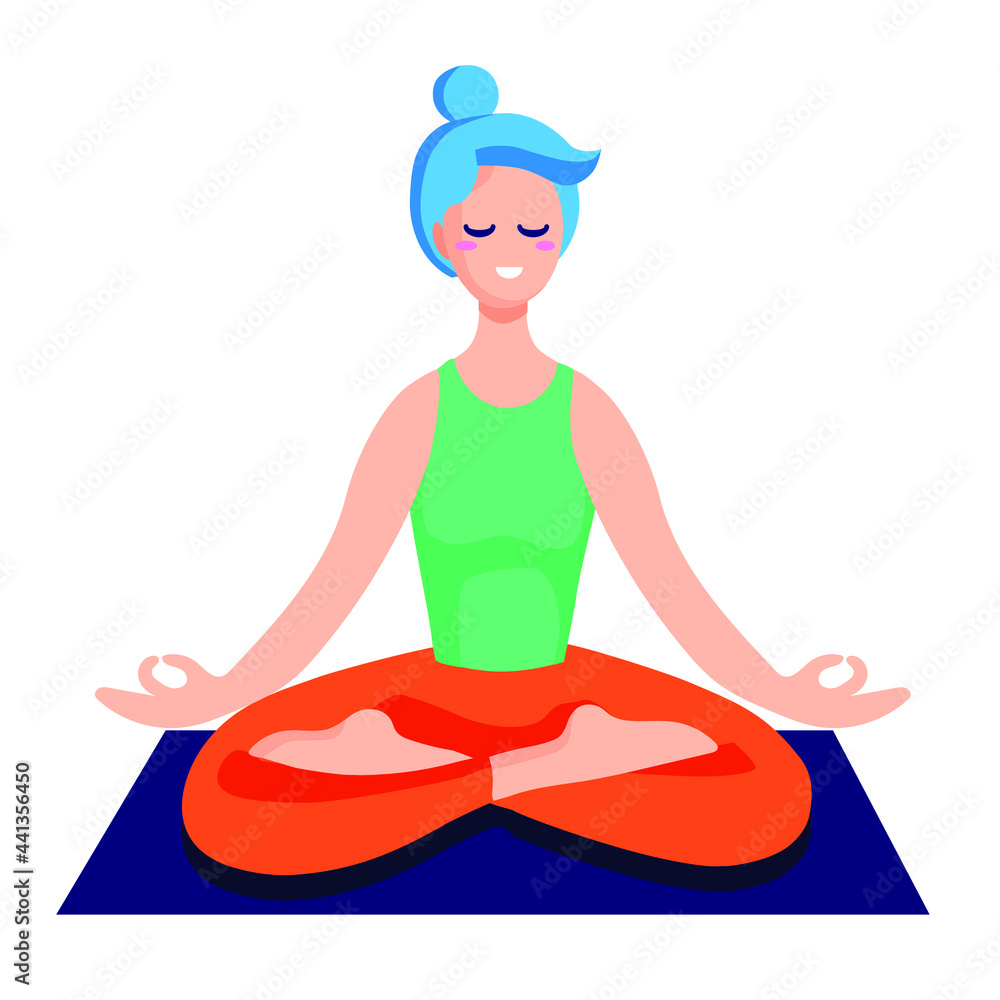 Woman sitting in lotus meditation, with mudra hands. Yoga vector flat illustration