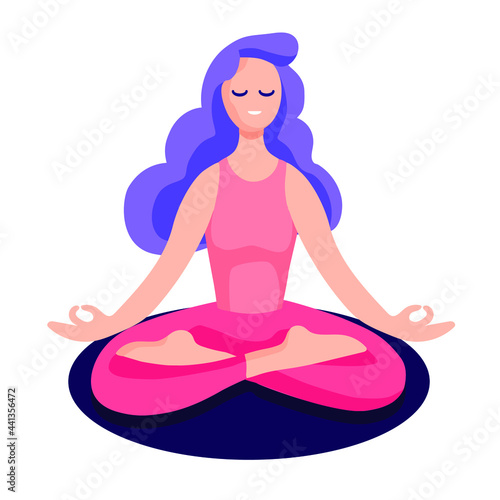 Vector woman sitting in lotus meditation, with mudra hands. Yoga flat illustration