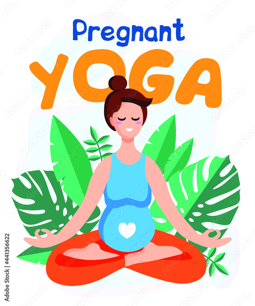 Young beautiful pregnant woman sitting in lotus with tropical monstera leaves on the background. Pregnant Yoga. Vector illustration