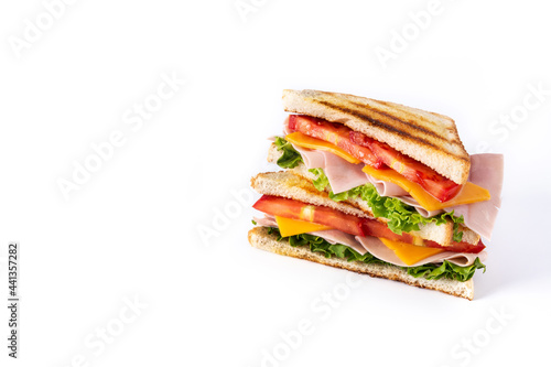 Sandwich with tomato,lettuce,ham and cheese isolated on white background.	Copy space