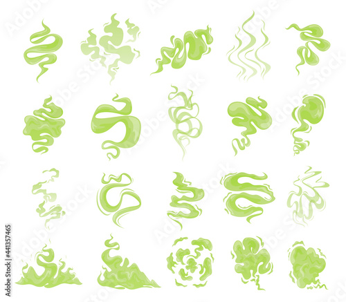 Collection of bed green clouds of unpleasant smell vector illustration. Set of smoke and toxic steam
