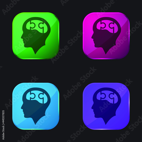 Bald Head With Puzzle Brain four color glass button icon