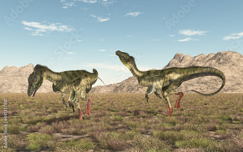 Dinosaurier Ornitholestes in einer Landschaft © Michael Rosskothen