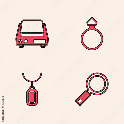 Set Magnifying glass, Electronic jewelry scales, Diamond engagement ring and Pendant necklace icon. Vector