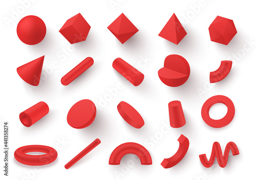 Collection modern geometric shapes vector illustration in isometric style 3d red minimalistic forms