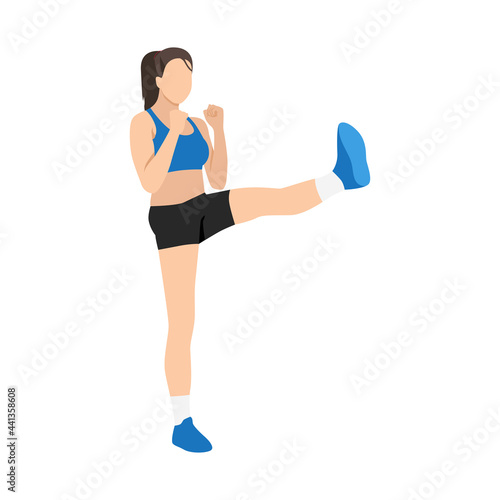 Woman doing straight leg kicking exercise. Flat vector illustration isolated on white background