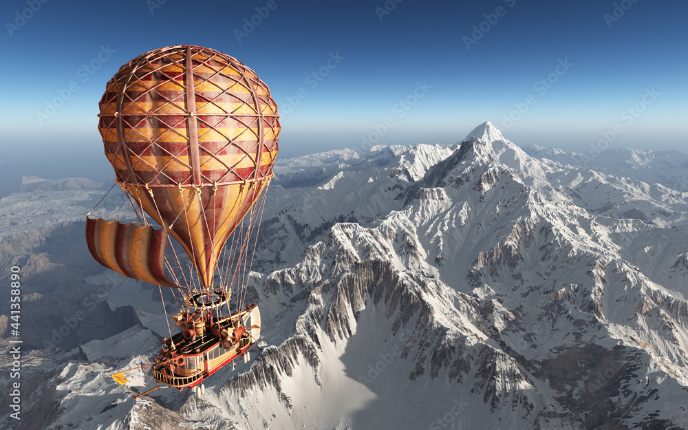 Fantasie Heißluftballon über schneebedeckten Bergen