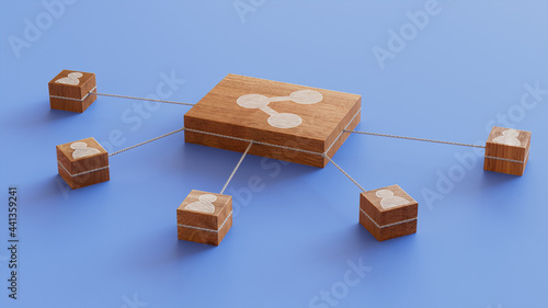 Network Technology Concept with share Symbol on a Wooden Block. User Network Connections are Represented with White string. Blue background. 3D Render. photo