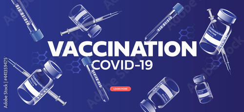 Bottle and vial containing drug for COVID-19, Time to vaccinate poster or website landing page, Vector