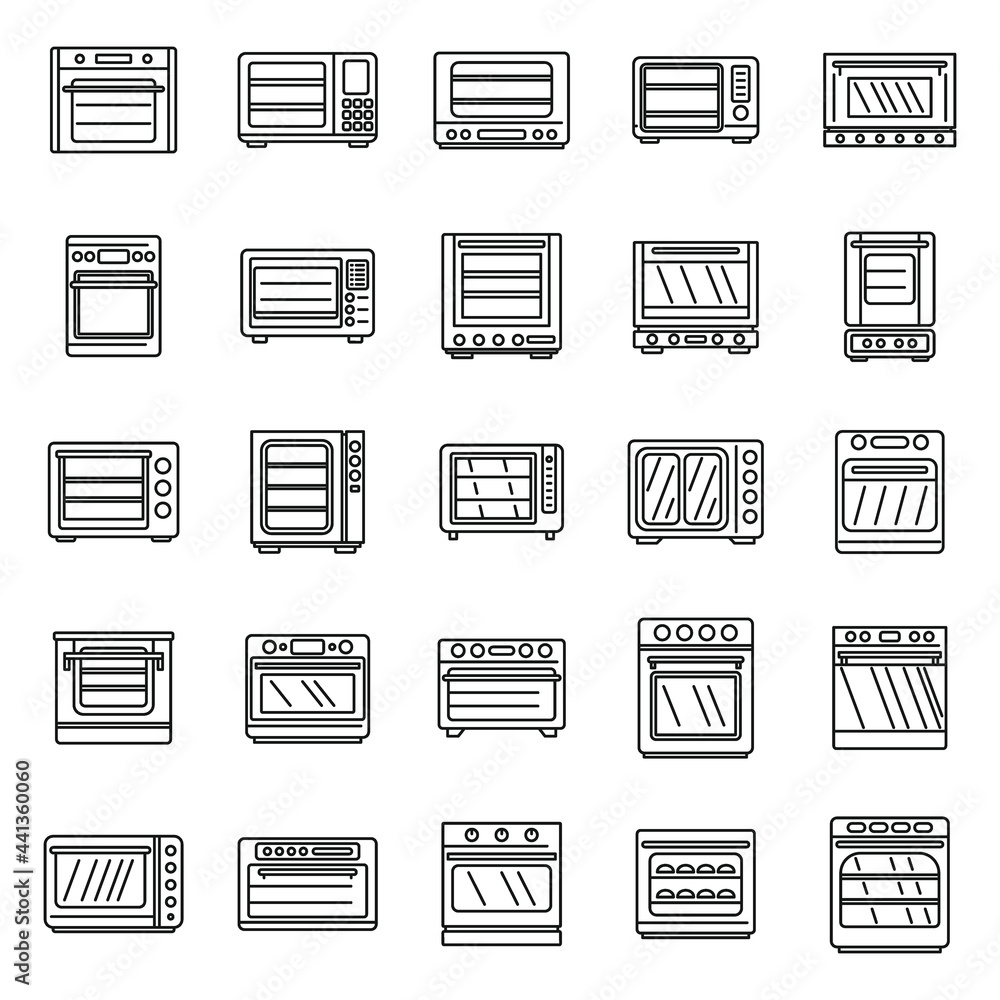 Convection oven appliance icons set, outline style Convection oven appliance icons set, outline style