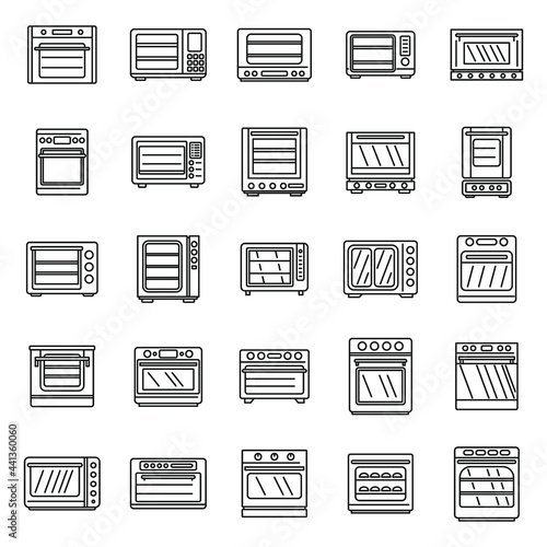 Convection oven appliance icons set, outline style