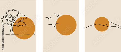 Collection of modern minimalistic landscapes: sunset / sunrise over mountains and tree. A simple image of birds. All this on a beige background