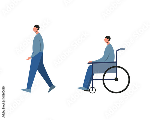 Disabled man before and after recovery isolated on white background.Vector illustration