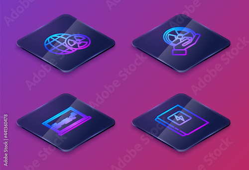 Set Isometric line Planet earth and radiation, Equation solution, Radioactive and Electrical panel. Blue square button. Vector