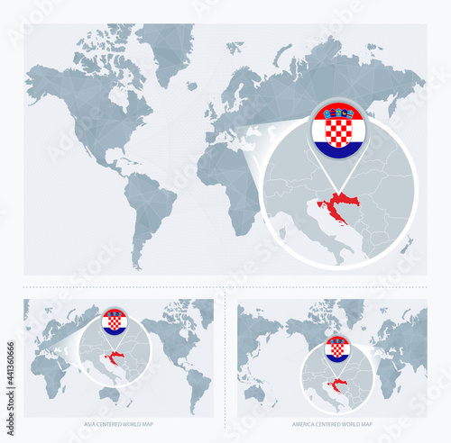 Magnified Croatia over Map of the World, 3 versions of the World Map with flag and map of Croatia.