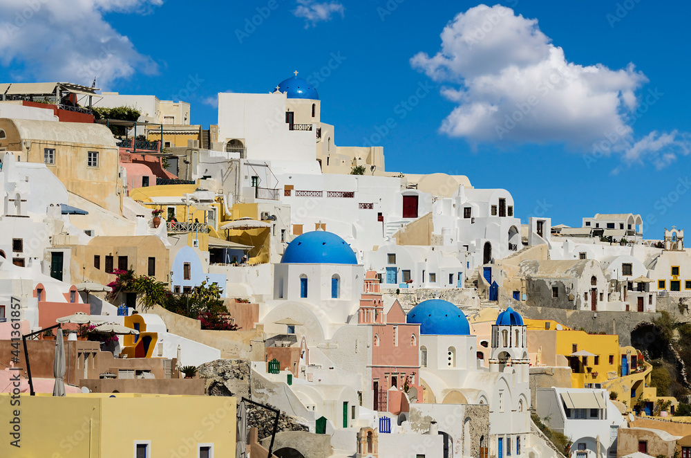 View of the characteristic village of Oia (La) on the Greek island of Santorini in the Cyclades archipelago View of the characteristic village of Oia (La) on the Greek island of Santorini in the Cyclades archipelago