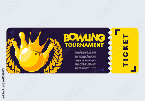 Vector illustration of the entrance ticket template for a bowling tournament, with golden pins and a golden bowling ball on a dark background