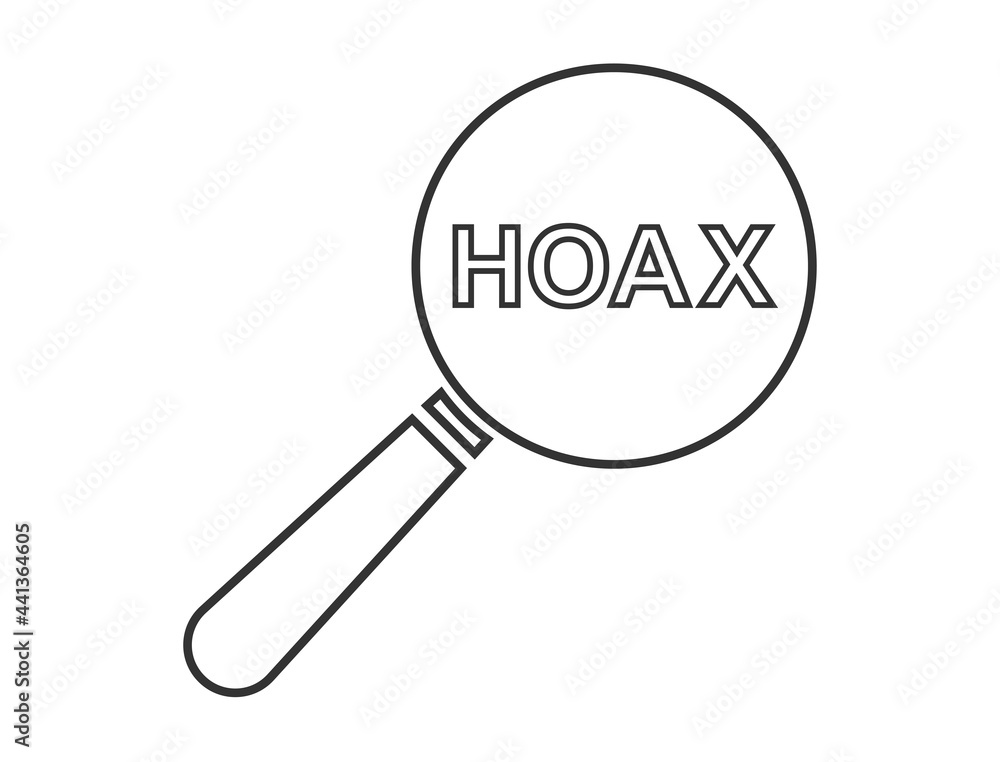 Magnifying glass icon with hoax text in the middle of the glass Magnifying glass icon with hoax text in the middle of the glass