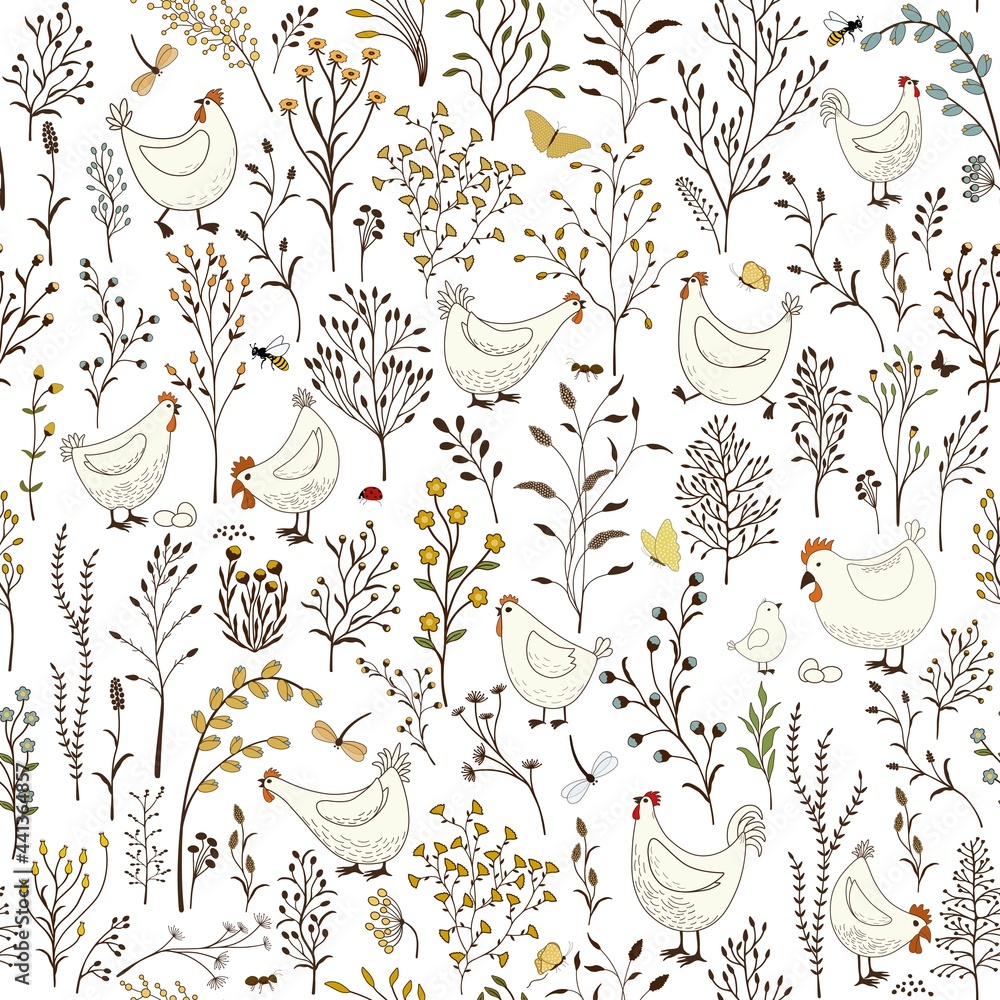  Floral seamless pattern with cute cartoon chicken