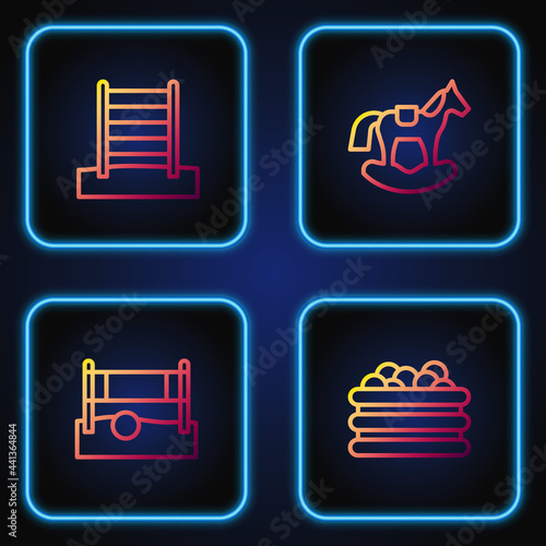 Set line Pool with balls, Volleyball net, Swedish wall and Horse in saddle swing. Gradient color icons. Vector