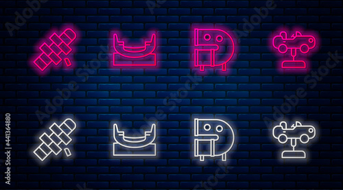 Set line Boat swing, Kid playground slide pipe, Hopscotch and Swing car. Glowing neon icon on brick wall. Vector