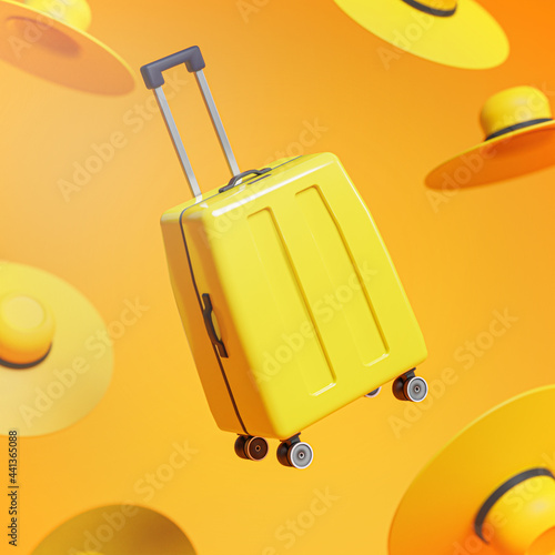 Yellow Luggage Between Hats Travel Concept Background 3D Rendering