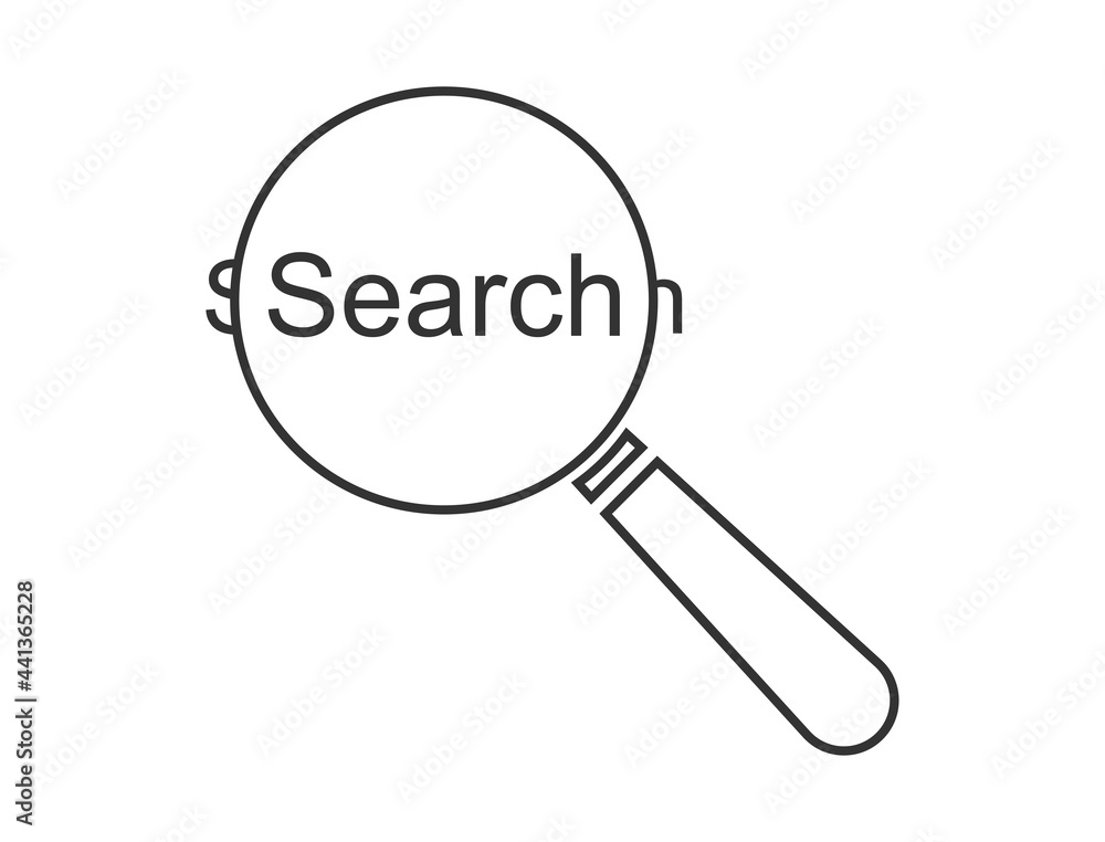 Magnifying glass icon with search text in the center of the glass Magnifying glass icon with search text in the center of the glass