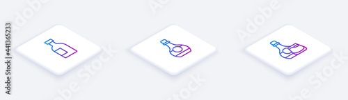 Set Isometric line Glass bottle of vodka, Bottle cognac or brandy and Whiskey glass. White square button. Vector