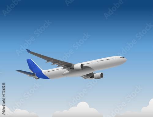 Airplane with blue tail flying above the clouds with clear blue sky