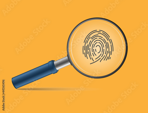 Magnifying glass and fingerprint on the orange background