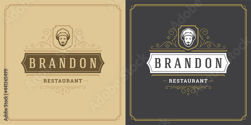 Restaurant logo template vector illustration chef man face in hat silhouette